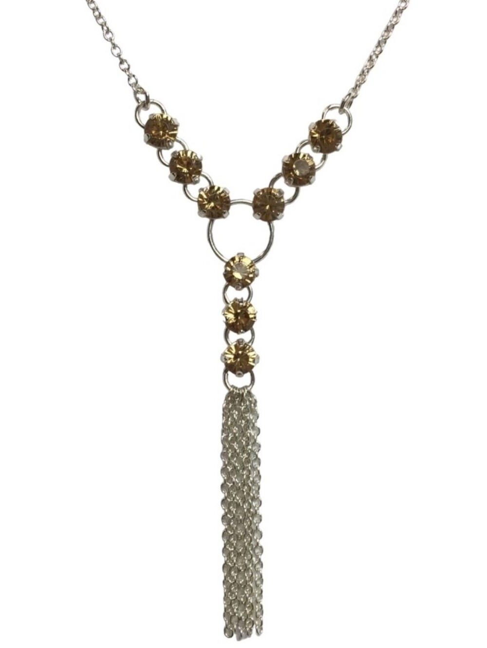 Gorgeous Vintage Avon Silver-Tone Amber Crystal Tassel Necklace CC